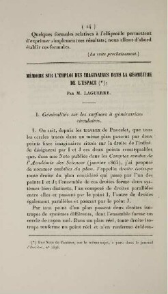Mémoire sur l'emploi des imaginaires dans la géométrie de l'espace.