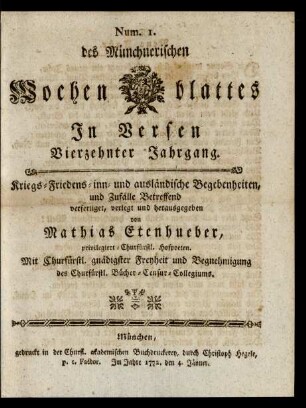 14. Jahrgang, Num. 1/Num. 52 (1772): Münchnerisches Wochen-Blat in Versen