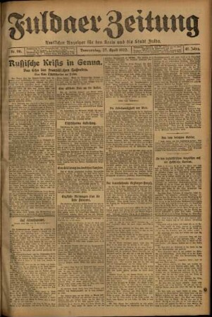 Erste Ausgabe vom Donnerstag, den 27. April 1922.