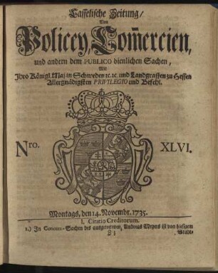 Nro. XLVI, Montags, den 14. Novembr 1735