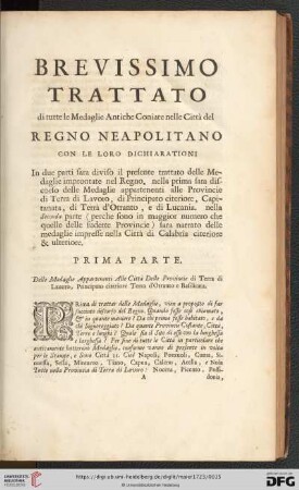 Brevissimo trattato di tutte le medaglie antiche coniate nelle città del regno Neapoletano con le loro dichiarationi