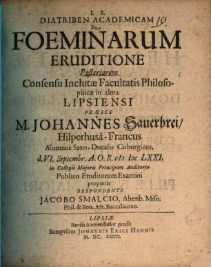 Diatriben academicam de foeminarum eruditione posteriorem