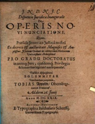 Disputatio Juridica Inauguralis De Operis Novi Nunciatione