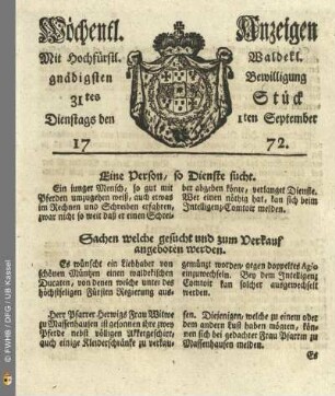 31tes Stueck, Dienstags den 1ten September 1772
