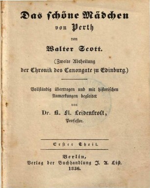Das schöne Mädchen von Perth : (Zweite Abtheilung der Chronik des Canongate zu Edinburg), 1