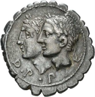 Denar serratus des C. Sulpicius mit Darstellung der Penaten