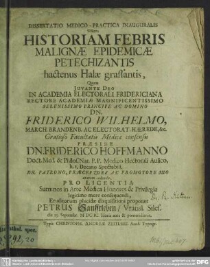 Dissertatio Medico-Practica Inauguralis Sistens Historiam Febris Malignae Epidemicae Petechizantis hactenus Halae grassantis