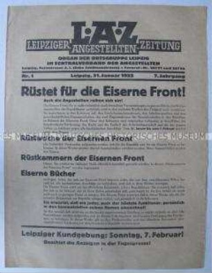 Mitteilungsblatt der Ortsgruppe Leipzig des Zentralverbandes der Angestellten mit Werbung für die Eiserne Front