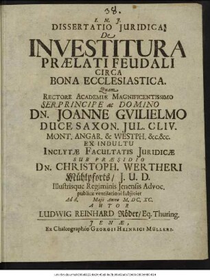 Dissertatio Iuridica De Investitura Praelati Feudali Circa Bona Ecclesiastica