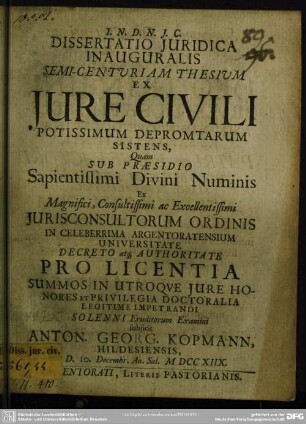 Dissertatio Iuridica Inauguralis Semi-Centuriam Thesium Ex Iure Civili Potissimum Depromtarum Sistens