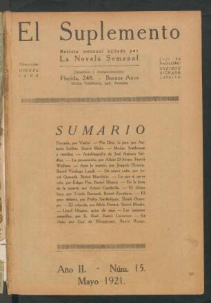 1921001500: 2.1921=Nr. 15 : [Incompleto, falta "La persecución", por Allain D'Alzan y el comienzo de la historia "Ante la muerte" por Joaquín Dicenta en la plantilla]
