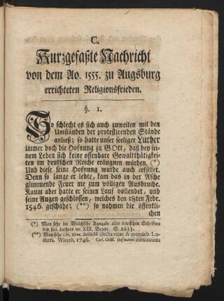C. Kurzgefaßte Nachricht von dem Ao. 1555. zu Augsburg errichteten Religionsfrieden