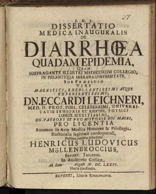 Dissertatio Medica Inauguralis De Diarrhoea Quadam Epidemia