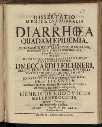 Dissertatio Medica Inauguralis De Diarrhoea Quadam Epidemia