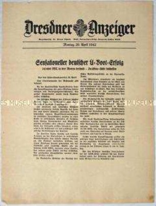 Nachrichtenblatt "Dresdner Anzeiger" mit Meldungen des OKW von verschiedenen Fronten, u.a. zum U-Boot-Krieg