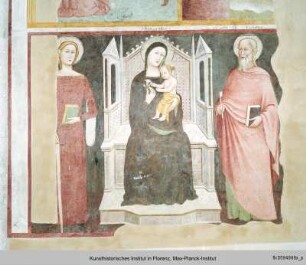 Wandbemalung mit verschiedenen christlichen Darstellungen : Madonna mit Kind und den Heiligen Katharina von Alexandrien und Johannes der Evangelist