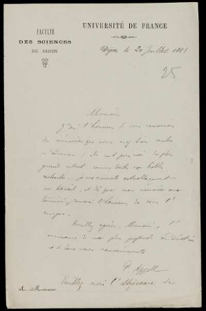 Nr. 2: Brief von Paul Appell an Felix Klein, Dijon, 20.7.1881