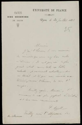 Nr. 2: Brief von Paul Appell an Felix Klein, Dijon, 20.7.1881