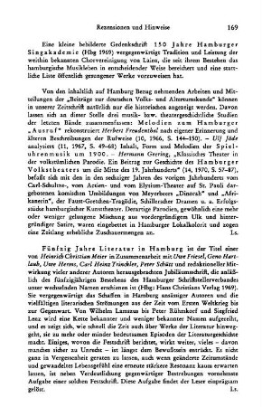 Fünfzig Jahre Literatur in Hamburg, hrsg. von Heinrich Christian Meier in Zusammenarbeit mit Uwe Friesel, Geno Hartlaub, Uwe Herms, Carl Heinz Trinckler und Peter Schütt, anläßlich des 50jährigen Bestehens des Hamburger Schriftstellerverbandes unter wechselnden Namen : Hamburg, Christians, 1969