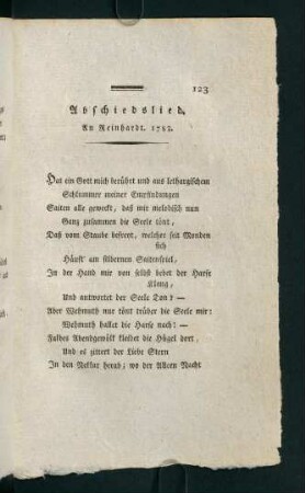 123-131, Abschiedslied. An Reinhardt. 1783
