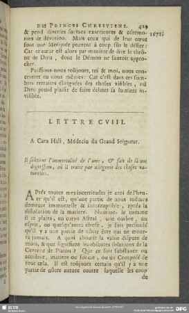 Lettre CVIII [i.e. CX]. A Cara Hali , Médecin du Grand Seigneur