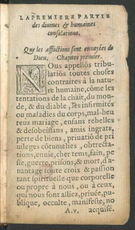 La Premiere Partie des diuines & humaines consolations.