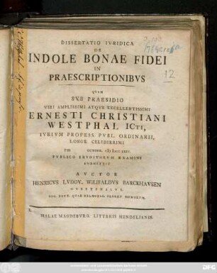 Dissertatio Ivridica De Indole Bonae Fidei In Praescriptionibvs