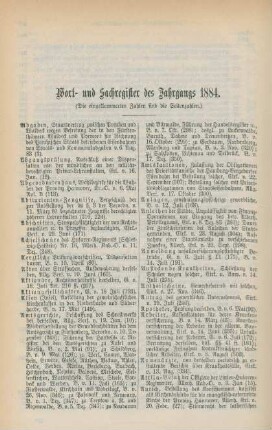 Wort- und Sachregister des Jahrgangs 1884