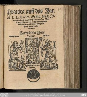 Practica auff das Jar/ || M.D.LXXX. Gestelt durch Si=||monem Heuringium Salicedensem/ Der || aͤrtzney Doctorem/ auff Speyrischen || Meridianum Altitudinis Poli || grad.49 minuta=||rum 20. || ...
