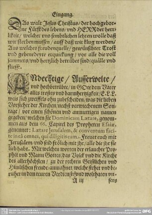 Leichenpredigt : Eingang. Apocalypsis 2. Testimonium & historia defuncti