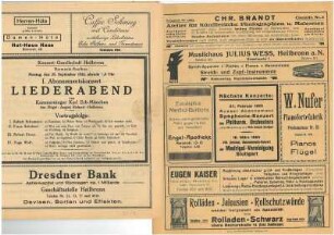 Programmzettel der Konzert-Gesellschaft Heilbronn für Konzerte meist in Sälen der Harmonie (z. T. mehrseitig mit Geschäftsanzeigen)