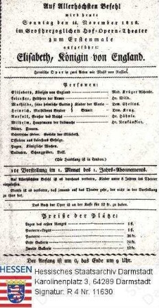 Darmstadt, Hoftheater / Theaterzettel 1819 November 14 / Erstaufführung 'Elisabeth, Königin von England' (Oper) von [Gioacchino] Rossini (1754-1868)