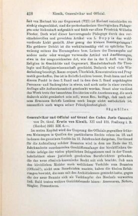 428-429 [Rezension] Kienitz, Erwin Roderich von, Generalvikar und Offizial auf Grund des Codex Iuris Canonici