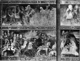 Bethlehemitischer Kindermord, Flucht nach Ägypten, Zug der Heiligen drei Könige und Anbetung : Bethlehemitischer Kindermord, Flucht nach Ägypten, Zug der Heiligen drei Könige und Anbetung. Wandbild (1435?). Maria Saal. Propsteipfarr- und Wallfahrtskirche Mariä Himmelfahrt