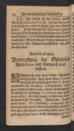 Das XXII. Capitel. Verwerffung der Gottlosen Welt-Politic und Entwurff einer bessern.