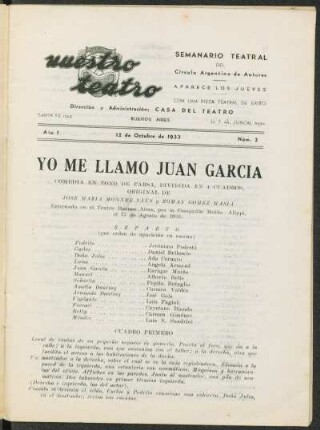 1933000200: Yo me llamo Juan Garcia : comedia en tono de farsa, dividida en 4 cuadros