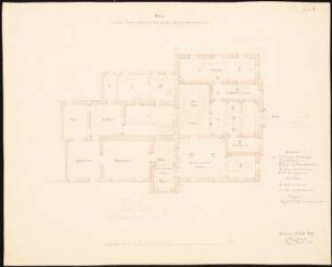 Herrenhaus, Gießmannsdorf Umbau und Erweiterung - 3. Projekt: Grundriss Souterrain, Erdgeschoss; im Text Nutzung der Räume in den oberen Etagen; Maßstabsleiste