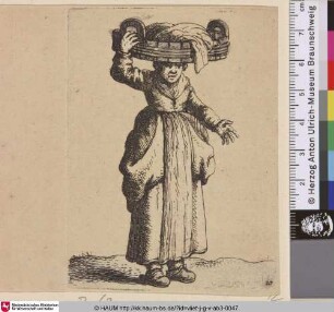 [Eine Wäscherin; A Laundress; Une femme portant sur la tête un seau avec du linge]