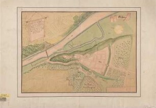 Stadtplan von Leisnig, Handzeichnung, um 1680 : Leißnig. - [S.l.] , [ca. 1680?]. - 1 Kt. : kolor. Handzeichng. ; 45 x 39 cm