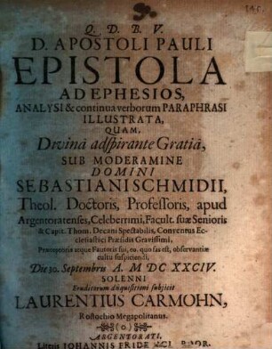 D. Apostoli Pauli Epistola Ad Ephesios, Analysi & continua verborum Paraphrasi Illustrata