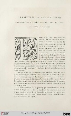 2. Pér. 10.1874: Les œuvres de William Unger, Eaux-fortes d'après les maitres anciens, commentée par C. Vosmaer : [Rezension]