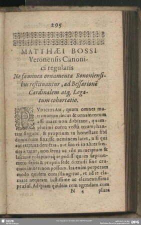 Matthaei Bossi Veronensis Canonici regularis Ne foeminem ornamenta Bononiensibus restituantur, ad Bessarione[m] Cardinalem atq[ue] Legatum cohertatio