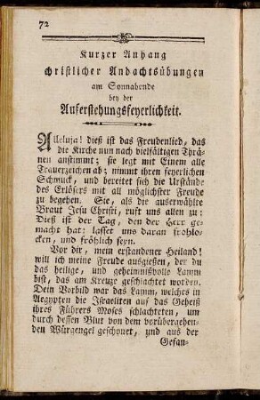 Kurzer Anhang christlicher Andachtsübungen am Sonnabende bey der Auferstehungsfeyerlichkeit.