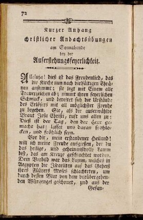 Kurzer Anhang christlicher Andachtsübungen am Sonnabende bey der Auferstehungsfeyerlichkeit.