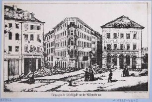 Maiaufstand 1849 in Dresden, Barrikaden und Zerstörungen an der Scheffelgasse von der Wallstraße aus