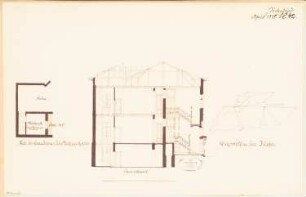 Villa, Gera Monatskonkurrenz April 1878: Grundriss Dachgeschoss (teilweise), Querschnitt, Skizze des Daches; Maßstabsleiste