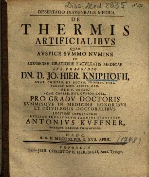 Dissertatio Inavgvralis Medica De Thermis Artificialibvs
