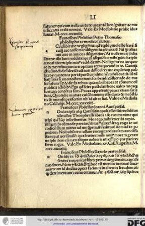 Franciscus Philelfus Petro Thomasio philosopho ac medico salutem.