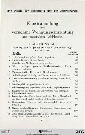I. Auktionstag, Dienstag, den 25. Jänner 1938, ab 3 Uhr nachmittags (Nr. 1-242)