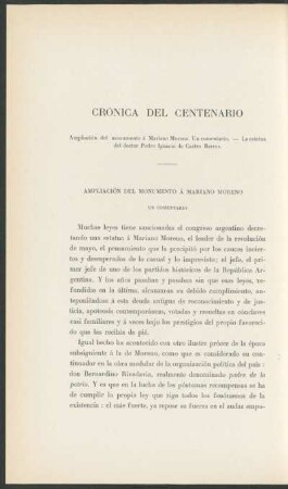Crónica del centenario : Ampliación del monumento á Mariano Moreno - La estatua del doctor Pedro Ignacio de Castro Barros - Un comentario